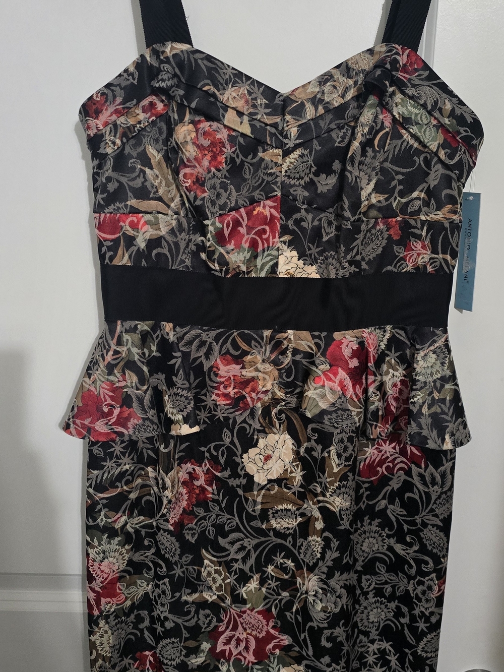 ANTONIO MELANI Black Floral Peplum Midi Dress with Red & Cream Blooms